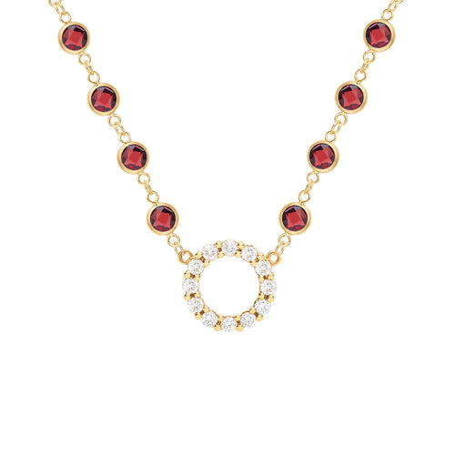 Rosecliff Diamond Small Circle & Newport Garnet Necklace in 14k Gold (January)
