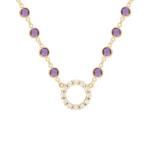 Rosecliff Diamond Small Circle & Newport Amethyst Necklace in 14k Gold (February)
