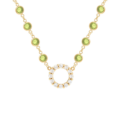 Rosecliff Diamond Small Circle & Newport Peridot Necklace in 14k Gold (August)
