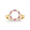 Rosecliff small open circle ring featuring twelve alternating pink sapphires & diamonds prong set in 14k gold - front view