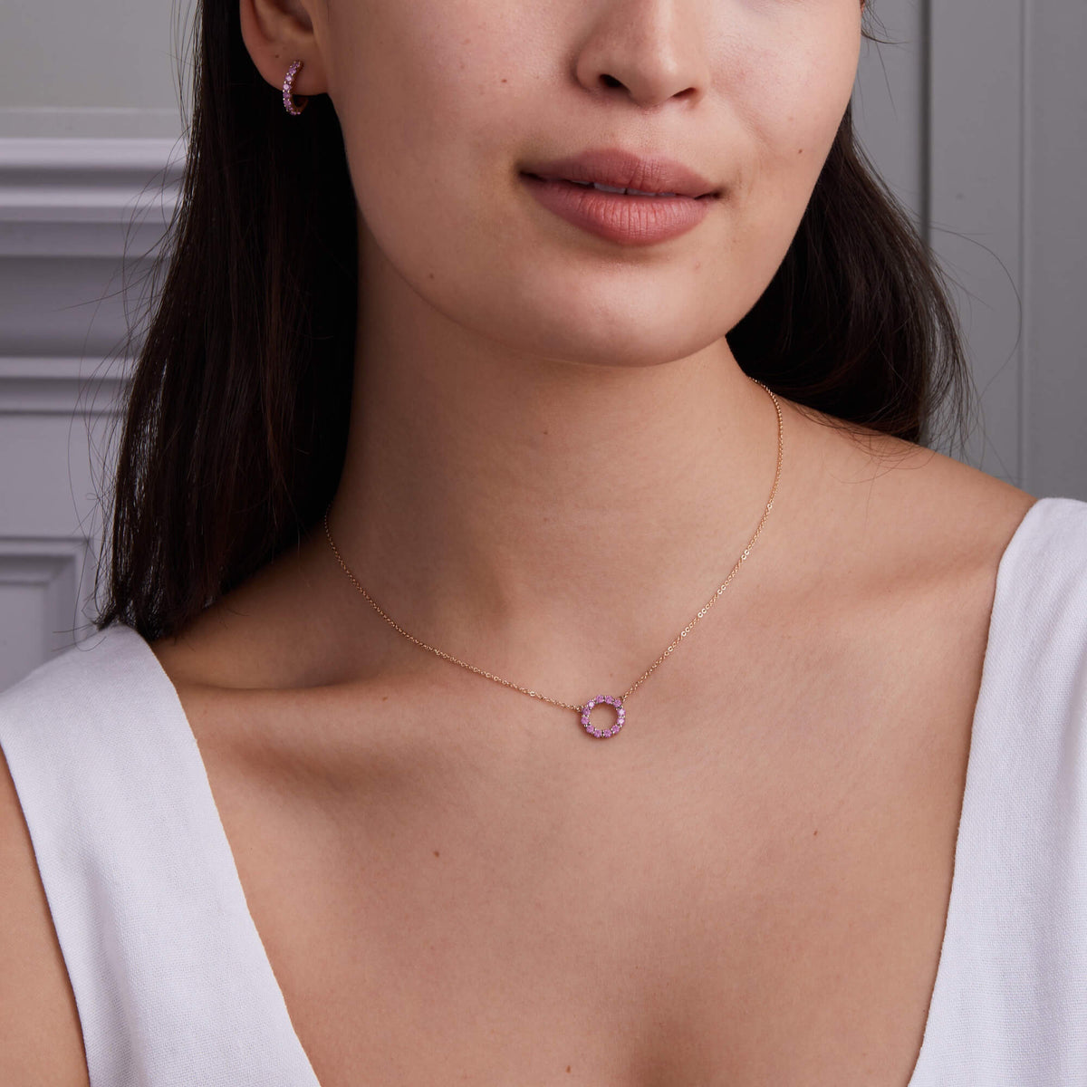 Rosecliff Small Circle Pink Sapphire Necklace in 14k Gold October