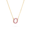 Rosecliff small open circle necklace featuring twelve 2mm round cut pink sapphires prong set in 14k gold - angled view