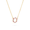 Rosecliff small open circle necklace with 12 alternating 2 mm pink sapphries & diamonds prong set in 14k gold - angled view