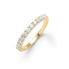 Rosecliff stackable ring featuring eleven alternating 2mm aquamarines and diamonds prong set in 14k yellow gold - front view