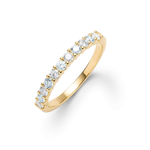 Rosecliff stackable ring featuring eleven alternating 2mm aquamarines and diamonds prong set in 14k yellow gold - front view