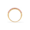 Rosecliff stackable ring featuring eleven 2 mm round cut pink sapphires prong set in 14k yellow gold - standing view