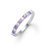 Rosecliff stackable ring featuring eleven alternating 2mm round cut amethysts and diamonds prong set in 14k white gold