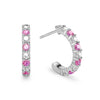 Two Rosecliff huggie earrings in 14k white gold each featuring nine alternating 2mm round cut pink sapphires and diamonds