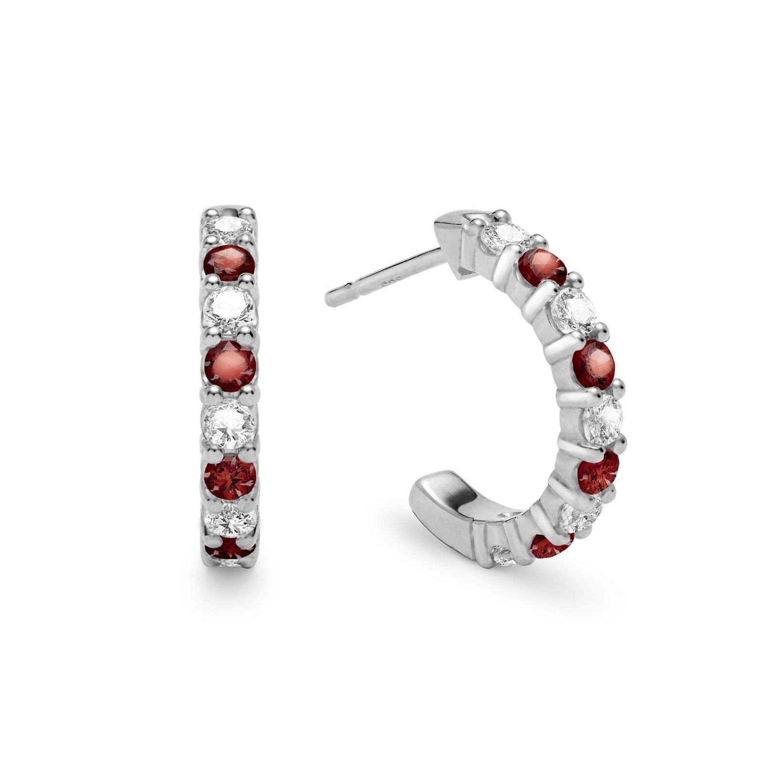 Two Rosecliff huggie earrings in 14k white gold each featuring nine alternating 2mm round cut prong set garnets and diamonds