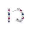 Liberty Rosecliff huggie earrings in 14k white gold featuring nine alternating 2mm round cut rubies, sapphires and diamonds