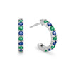 Two Rosecliff huggie earrings in 14k white gold each featuring nine alternating 2mm round cut sapphires and emeralds