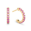 Two Rosecliff huggie earrings in 14k gold each featuring nine 2mm faceted round cut prong set pink sapphires - front view