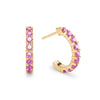 Two Rosecliff huggie earrings in 14k gold each featuring nine 2mm faceted round cut prong set pink sapphires - front view