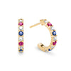 Liberty Rosecliff huggie earrings in 14k yellow gold featuring nine alternating rubies, sapphires and diamonds - front view