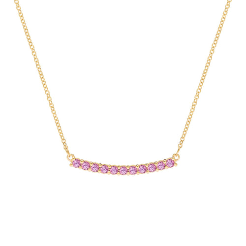 Rosecliff bar necklace with eleven 2 mm faceted round cut pink sapphires prong set in solid 14k yellow gold - front view