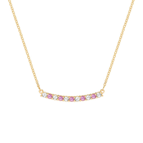 Rosecliff bar necklace with eleven alternating 2 mm round cut pink sapphires & diamonds prong set in 14k gold - front view