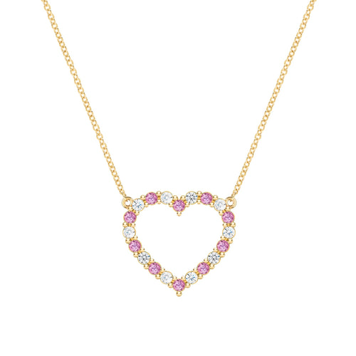 Rosecliff Heart Necklace featuring twenty alternating pink sapphires and diamonds prong set in 14k Gold - front view