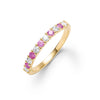 Rosecliff stackable ring featuring eleven alternating 2mm pink sapphires and diamonds prong set in 14k gold - front view