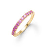 Rosecliff stackable ring featuring eleven 2 mm faceted round cut pink sapphires prong set in 14k yellow gold - front view