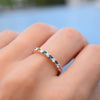 Hand graced with a Rainbow Rosecliff stackable ring with 2mm rubies, citrines, emeralds, sapphires, amethysts, pink sapphires, and diamonds