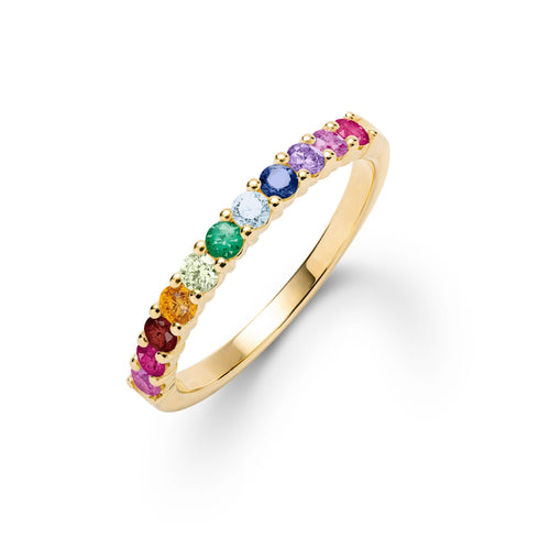 Rainbow Rosecliff stackable ring with 2mm rubies, citrines, emeralds, sapphires, amethysts and pink sapphires in 14k Yellow Gold - front view