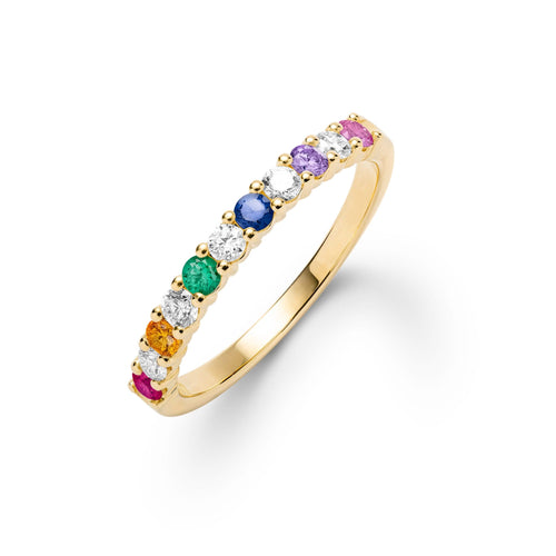 Rainbow Rosecliff stackable ring with 2mm rubies, citrines, emeralds, sapphires, amethysts, pink sapphires, and diamonds in 14k Yellow Gold - front view