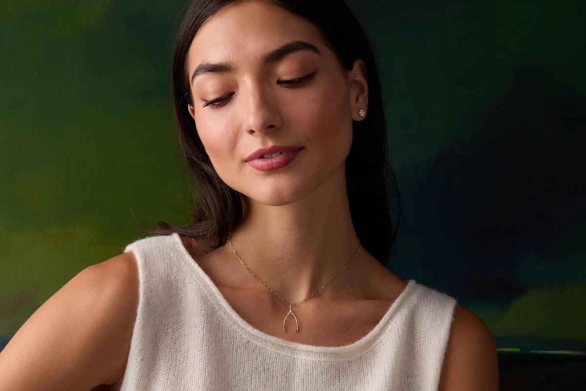 Small Aquamarine Wishbone Pendant in Solid 14k Gold (March)