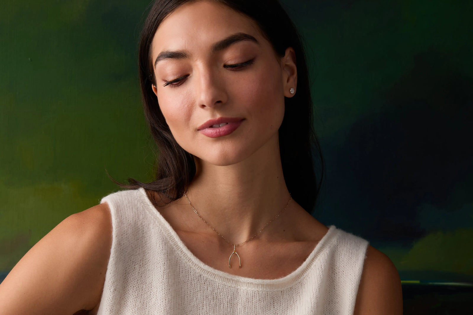 Small Citrine Wishbone Pendant in Solid 14k Gold (November)