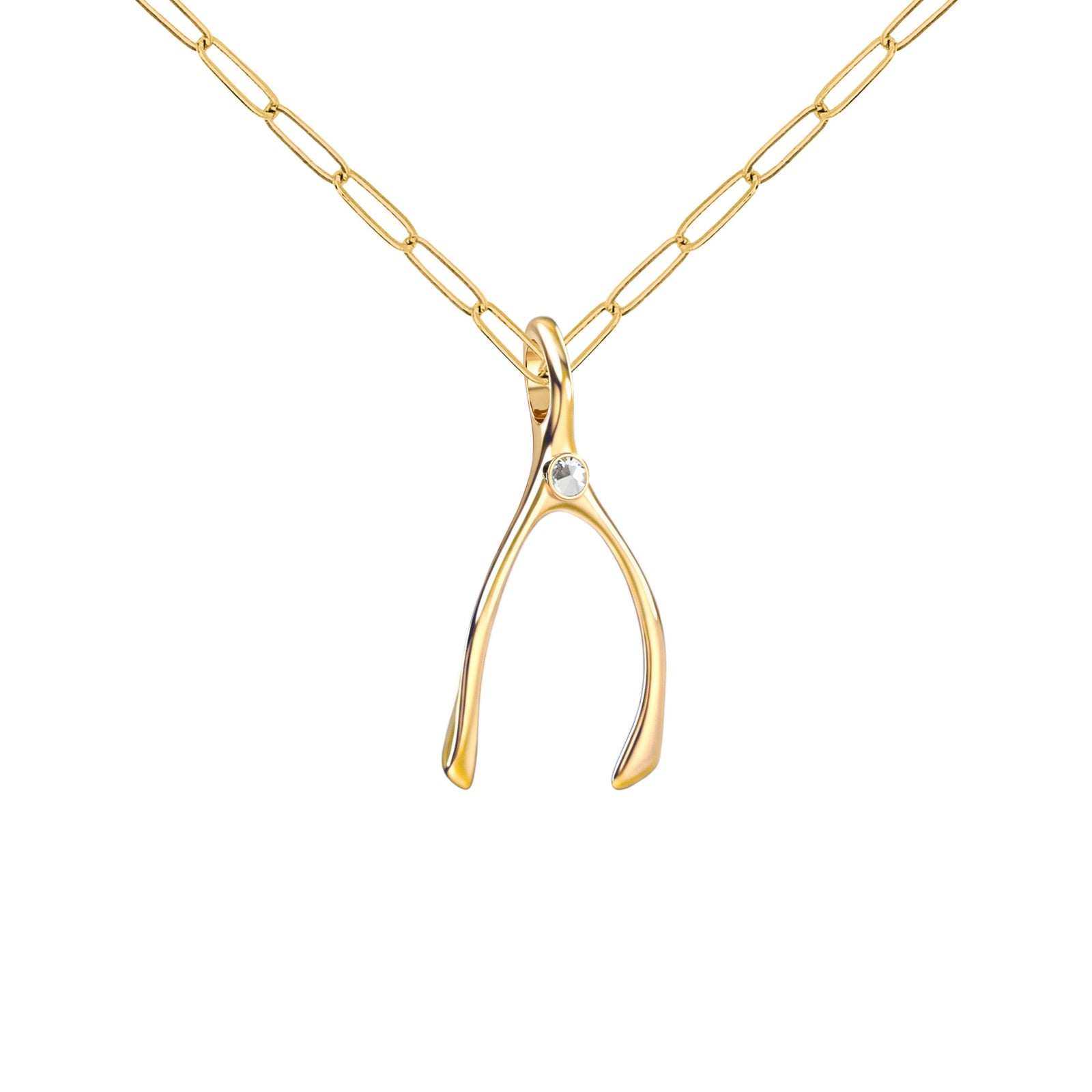 Small White Topaz Wishbone Pendant in Solid 14k Gold (April)