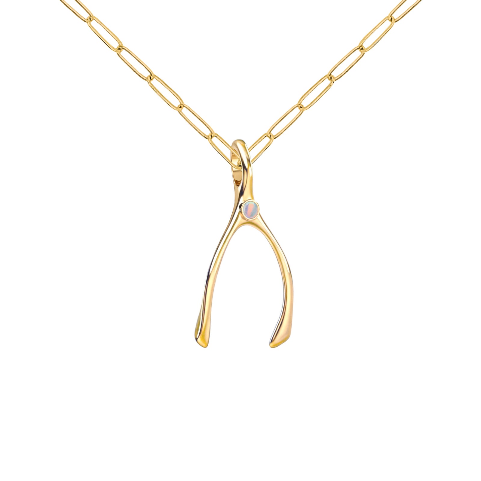 Small Opal Wishbone Pendant in Solid 14k Gold (October)