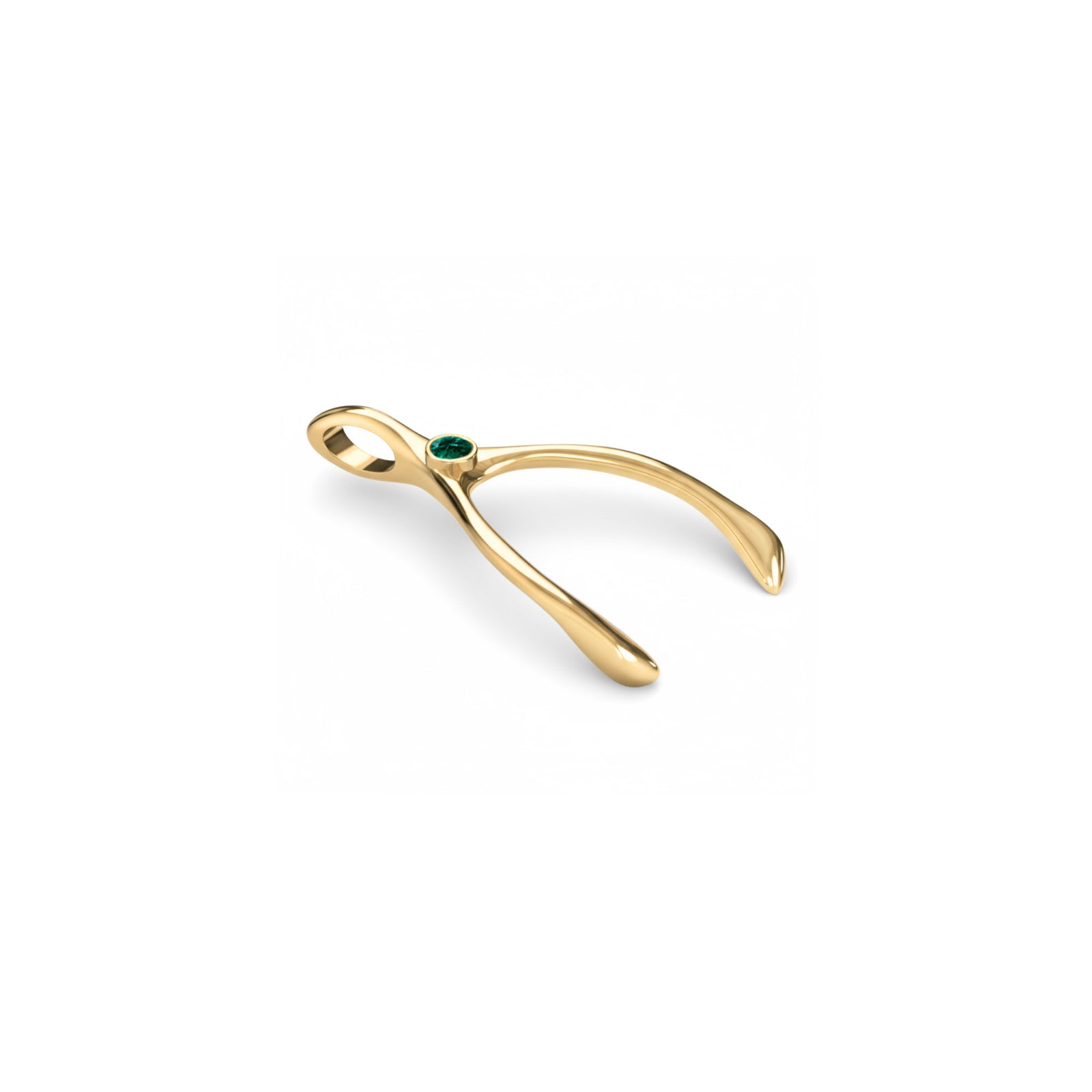 Small Emerald Wishbone Pendant in Solid 14k Gold (May)