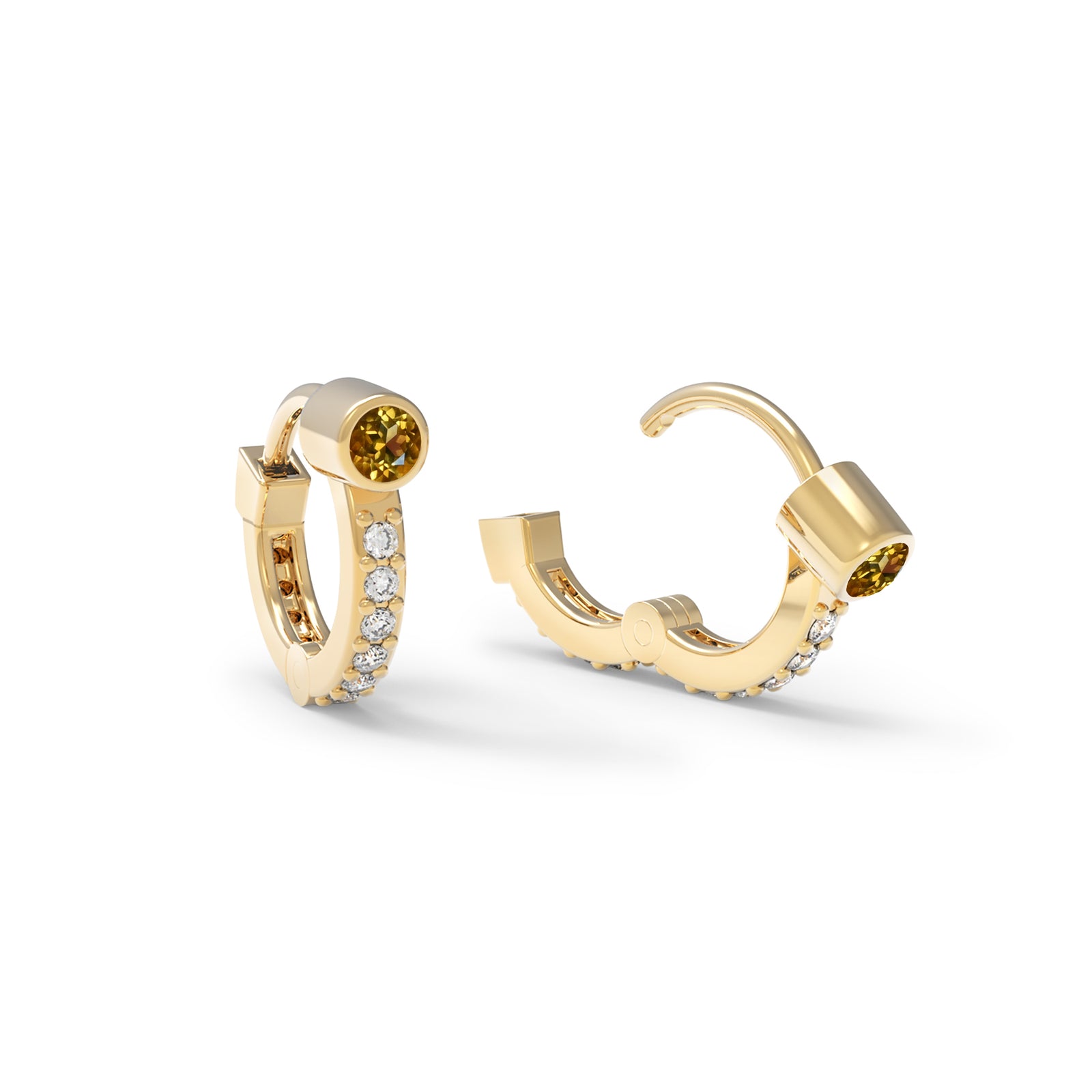 Tiny Citrine Huggie Hoops with Diamonds in 14k Gold (November)