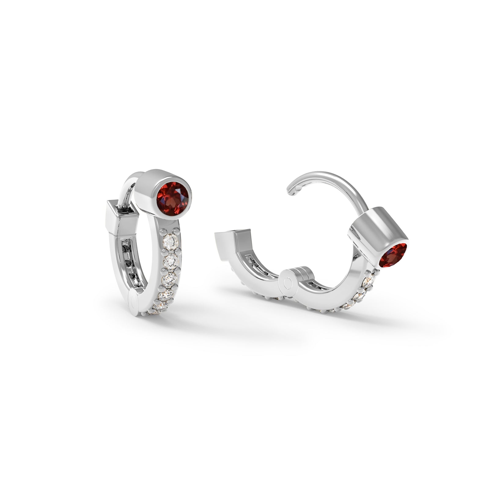 Tiny Garnet Huggie Hoops with Diamonds in 14k Gold (January)