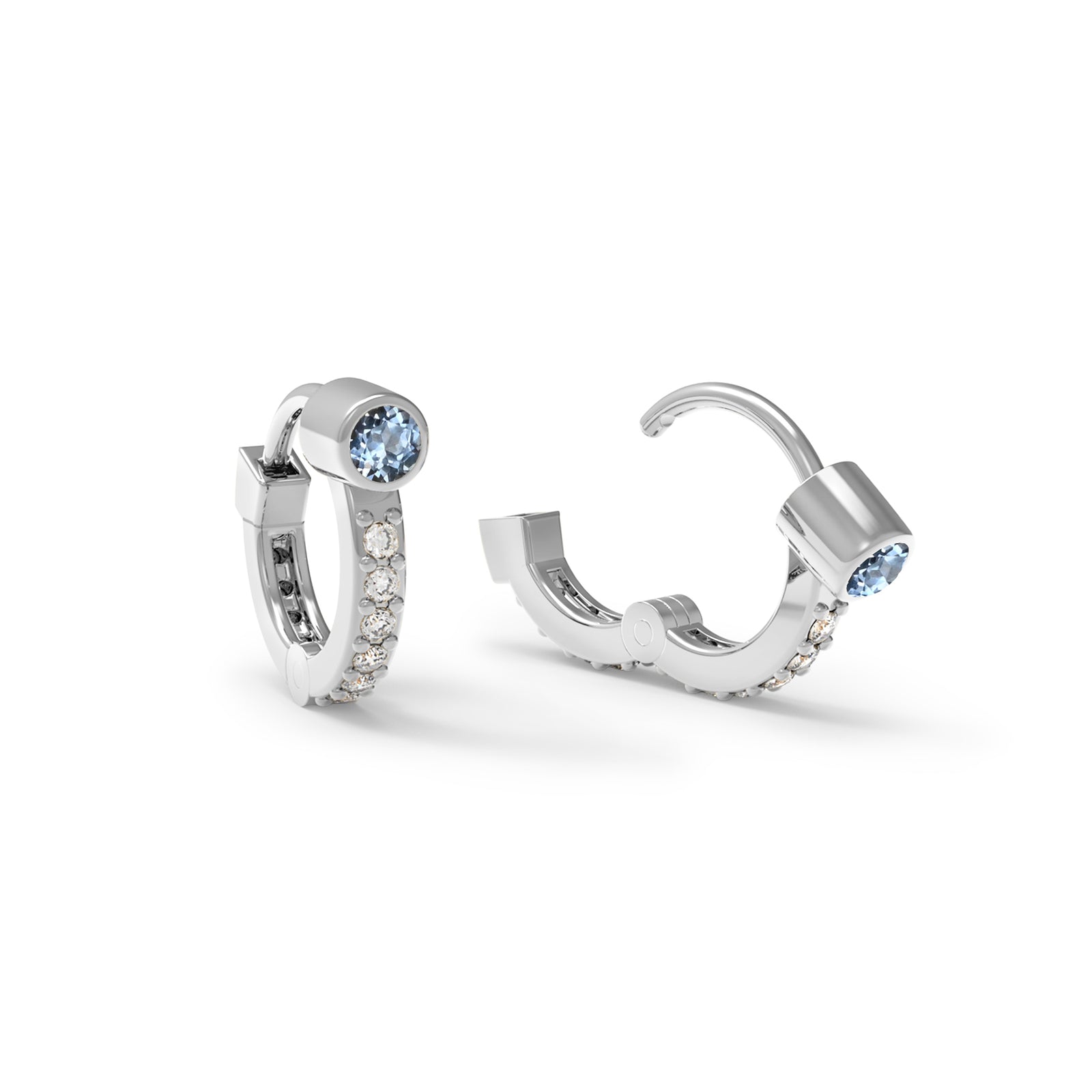 Tiny Aquamarine Huggie Hoops with Diamonds in 14k Gold (March)
