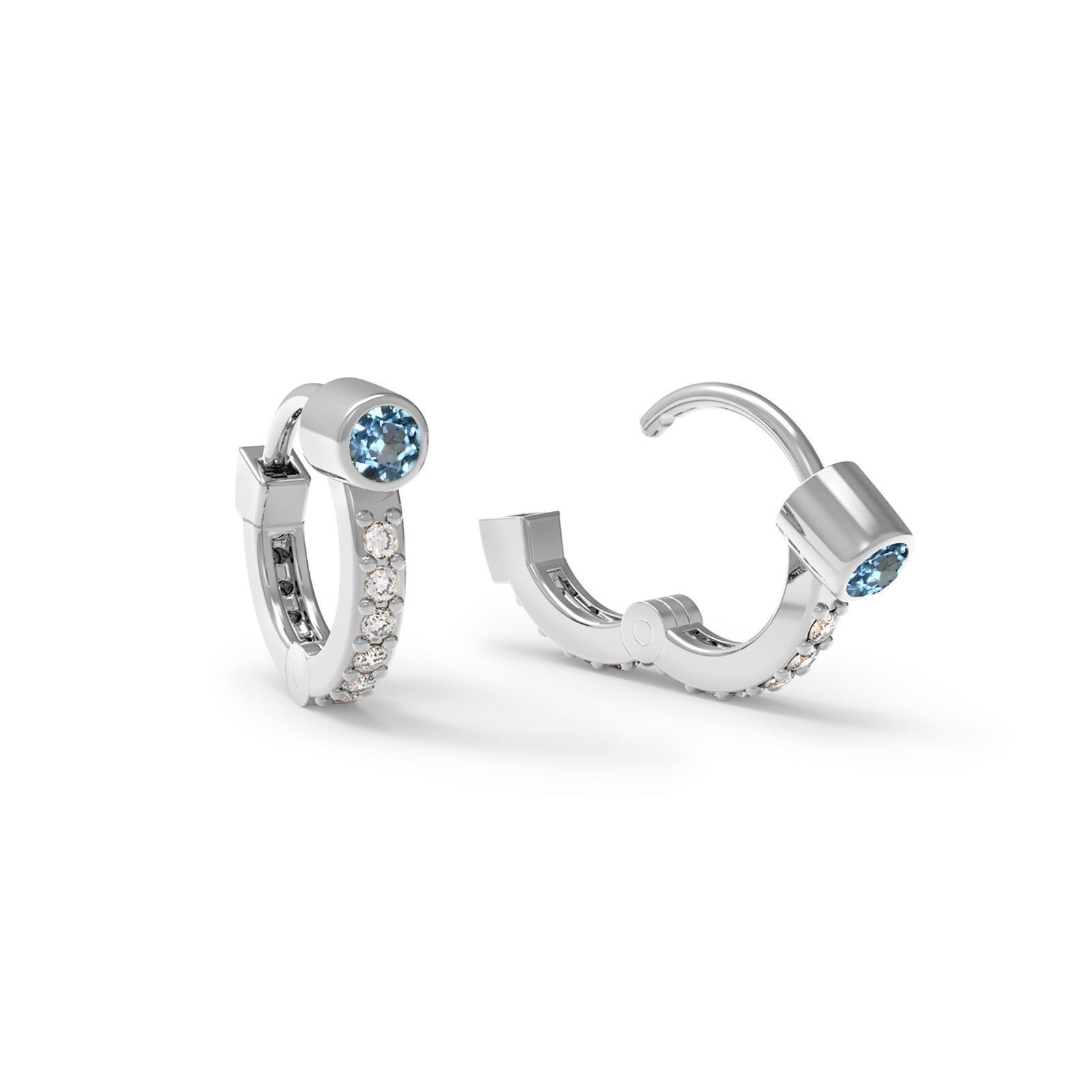 Tiny Nantucket Blue Topaz Huggie Hoops with Diamonds in 14k Gold (December)