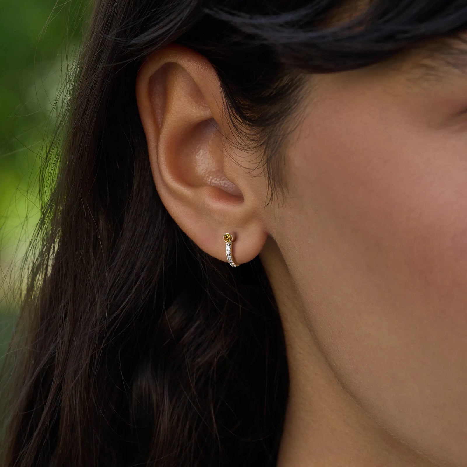 Tiny Citrine Huggie Hoops with Diamonds in 14k Gold (November)