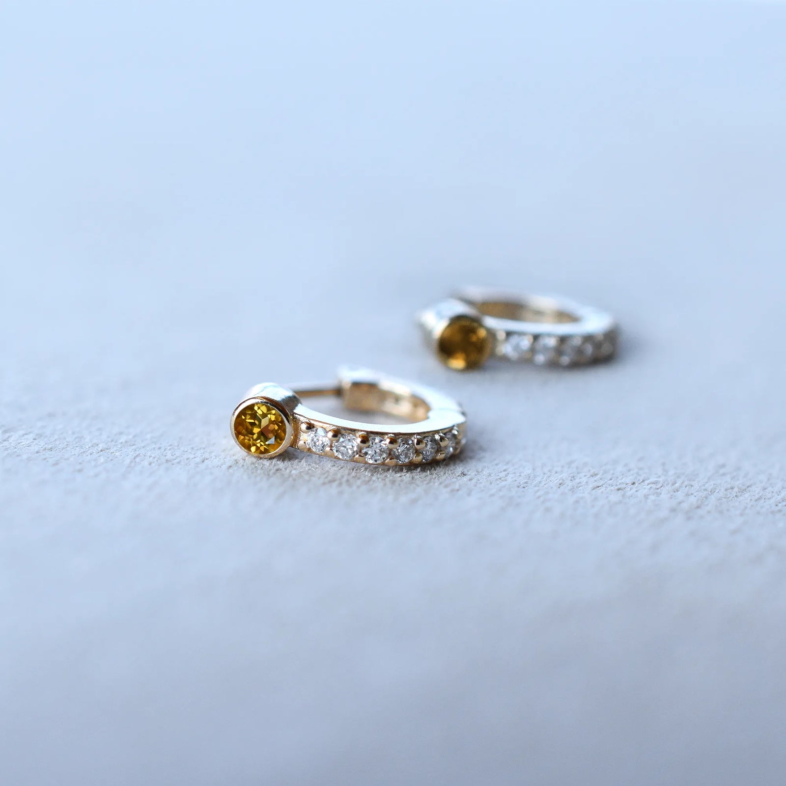 Tiny Citrine Huggie Hoops with Diamonds in 14k Gold (November)