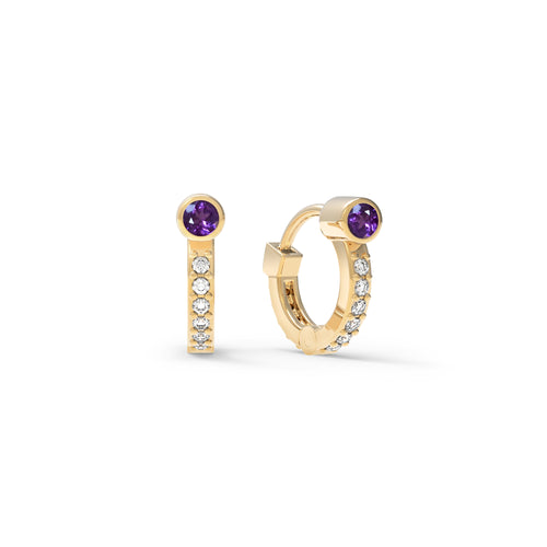 Tiny Amethyst Huggie Hoops with Diamonds in 14k Gold (February)