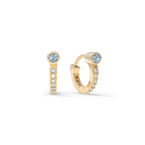 Tiny Aquamarine Huggie Hoops with Diamonds in 14k Gold (March)