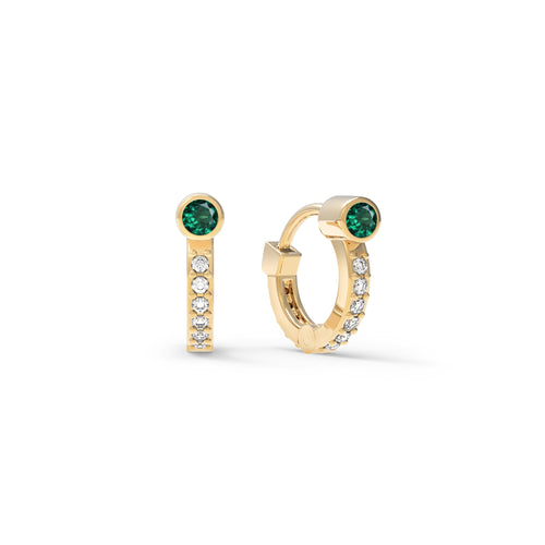 Tiny Emerald Huggie Hoops with Diamonds in 14k Gold (May)