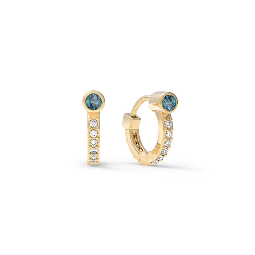 Tiny Alexandrite Huggie Hoops with Diamonds in 14k Gold (June)