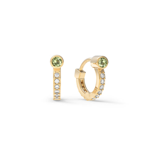 Tiny Peridot Huggie Hoops with Diamonds in 14k Gold (August)