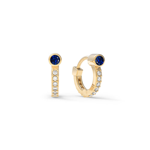 Tiny Sapphire Huggie Hoops with Diamonds in 14k Gold (September)