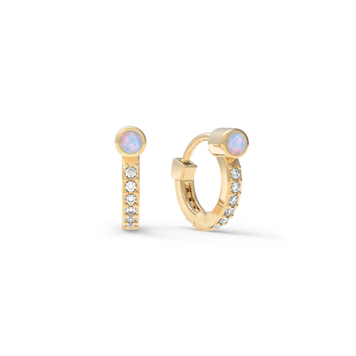 Tiny Opal Huggie Hoops with Diamonds in 14k Gold (October)