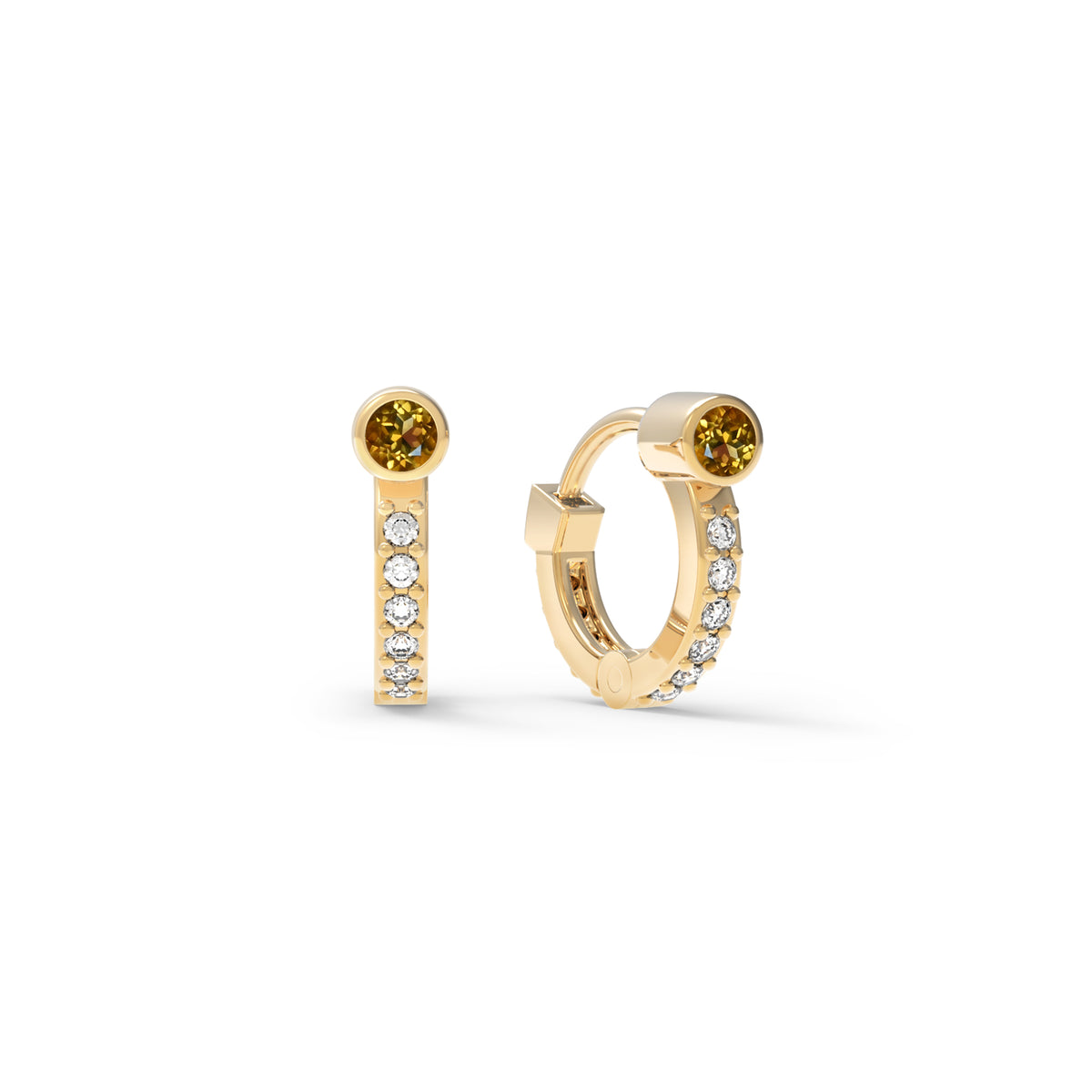 Tiny Citrine Huggie Hoops with Diamonds in 14k Gold (November)