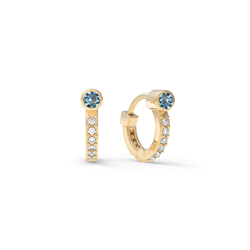 Tiny Nantucket Blue Topaz Huggie Hoops with Diamonds in 14k Gold (December)