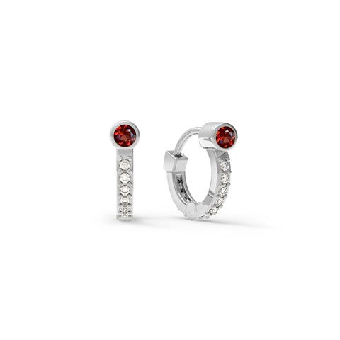 Tiny Garnet Huggie Hoops with Diamonds in 14k Gold (January) - White Gold