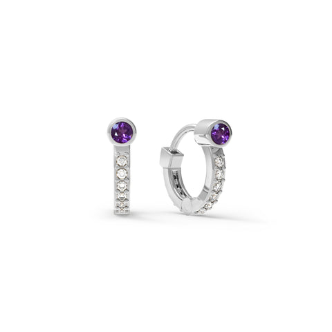 Tiny Amethyst Huggie Hoops with Diamonds in 14k Gold (February) - White Gold