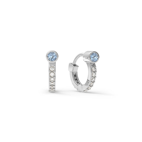 Tiny Aquamarine Huggie Hoops with Diamonds in 14k Gold (March) - White Gold