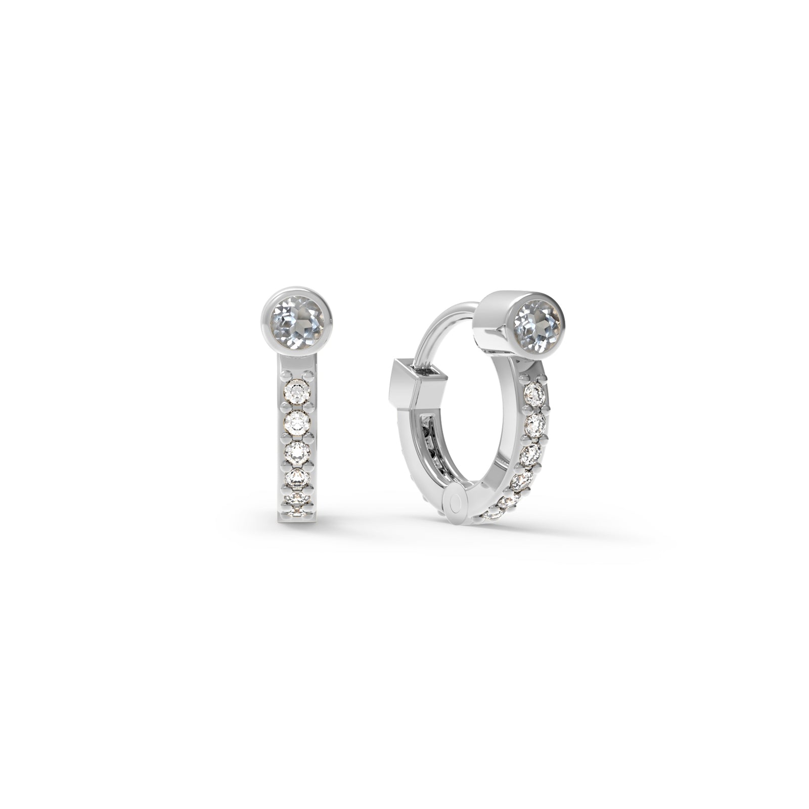 Tiny White Topaz Huggie Hoops with Diamonds in 14k Gold (April)
